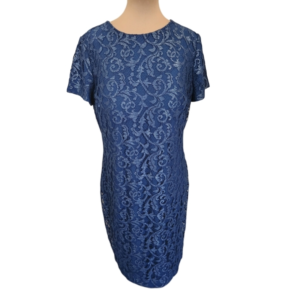RALPH LAUREN Metallic Blue Lace Sheath Cocktail Dress - Size 18 - Picture 4 of 17